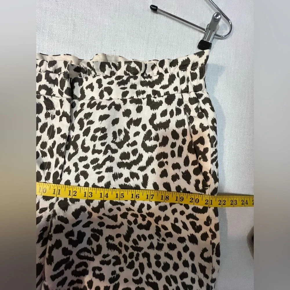 J Crew Womens Leopard Print Crop Ankle Pants Linen Bland Ruffed Waist Size 14